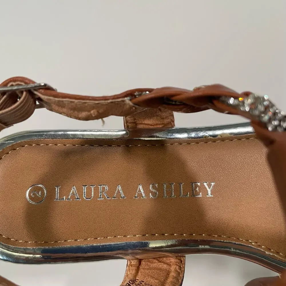 Laura Ashley Girls Size 2 Sandals Rhinestone Open Toe Casual Shoes Brown Silver